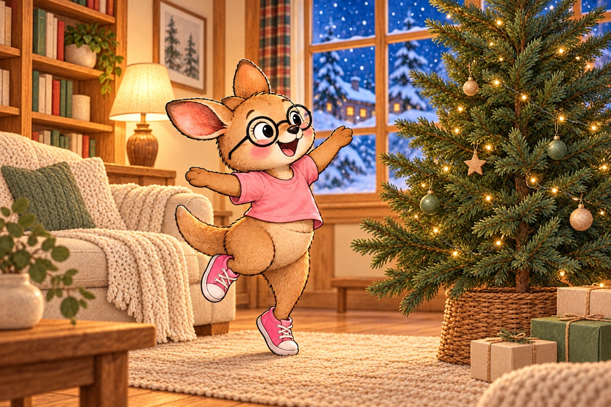 La mascotte kangourou danse de joie devant le sapin de Noël